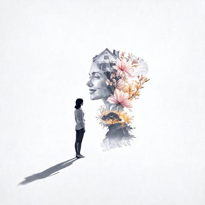 The primary subject of the image is a woman with a flower in her hair. She is standing in front of a white background, which creates a clean and minimalist visual style. The woman appears to be smiling, and the flower in her hair adds a touch of natural beauty to the scene. The overall atmosphere of the image is warm and inviting.